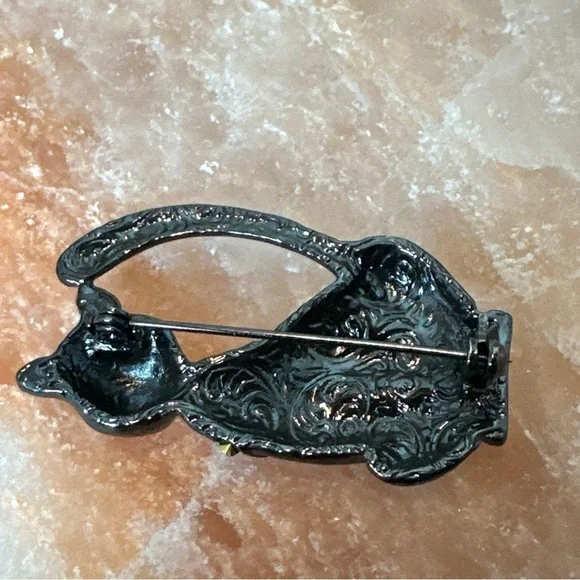 1928 Black Cat Brooch, Enamel Rhinestone Embellishments 1831 R - Picture 2 of 7
